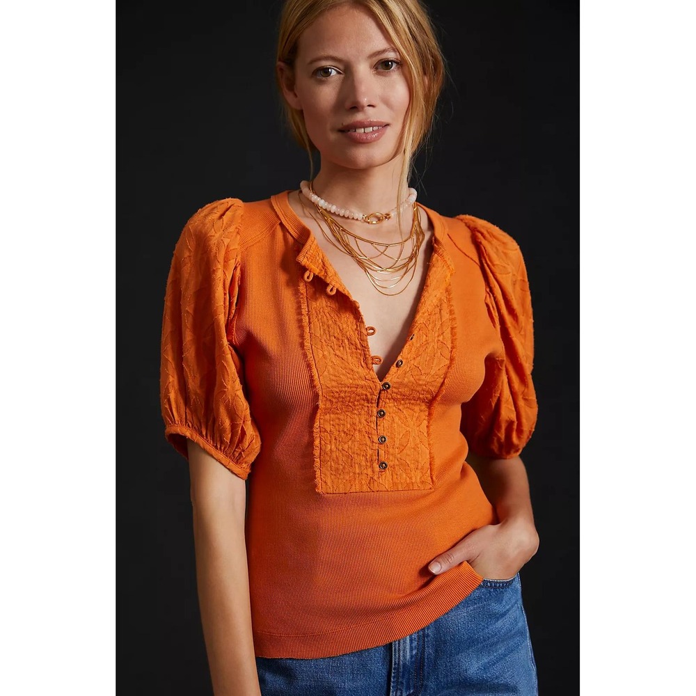 Anthropologie Pilcro Bella Henley Top Size M Orange Boho Chic Cottagecore